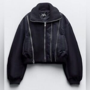 ZARA Black Pinstriped Combined Multi Zip Bomber Jacket M